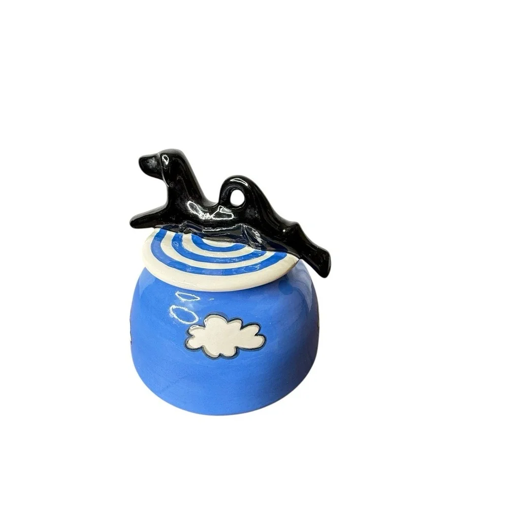 Alison Palmer Whimsical Black Dog Ceramic Lidded Cookie Jar Blue Cloud READ
